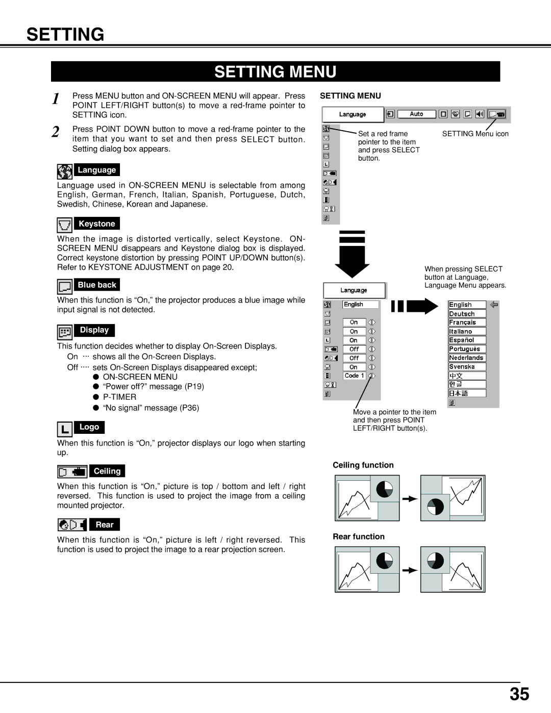 Sanyo PLCSW20AR owner manual Setting Menu 