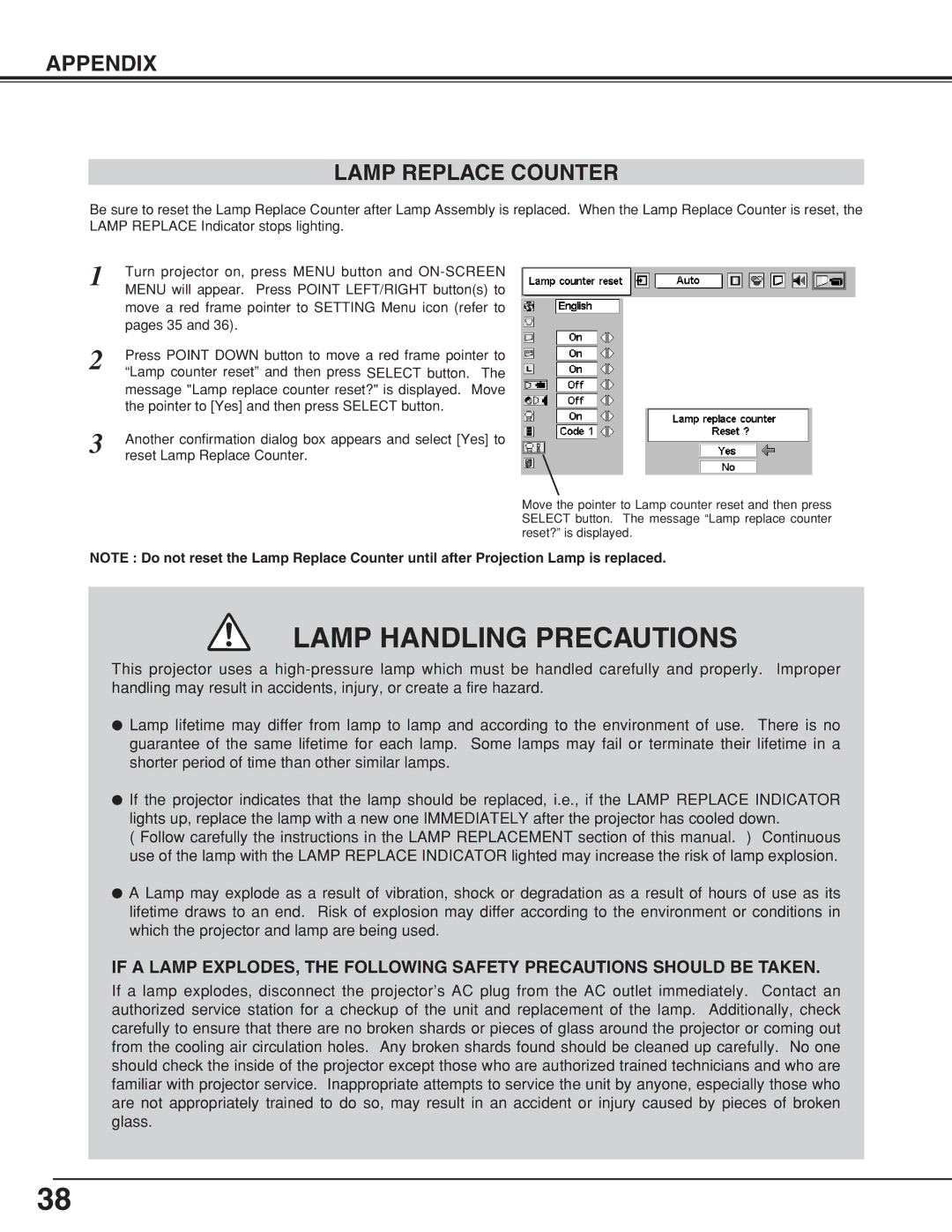 Sanyo PLCSW20AR owner manual Lamp Handling Precautions, Appendix Lamp Replace Counter 