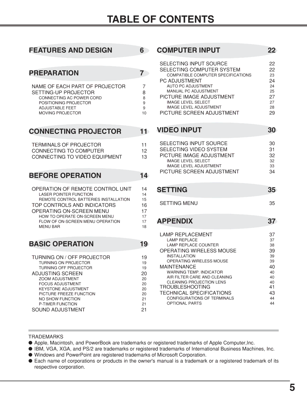 Sanyo PLCSW20AR owner manual Table of Contents 