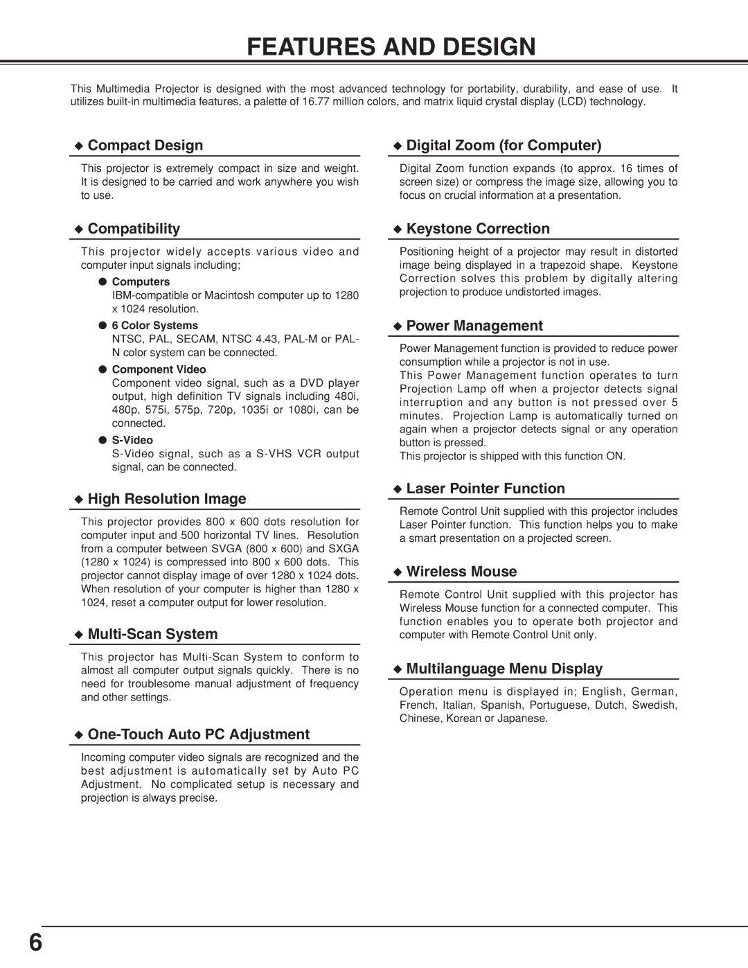 Sanyo PLCSW20AR owner manual Features and Design, Compact Design 