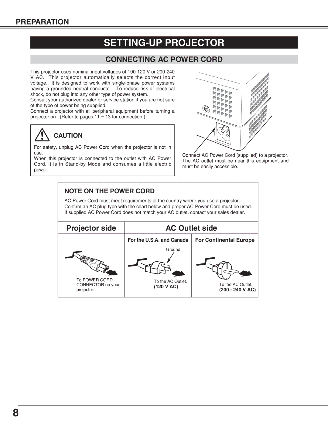 Sanyo PLCSW20AR owner manual SETTING-UP Projector, Connecting AC Power Cord, For Continental Europe 