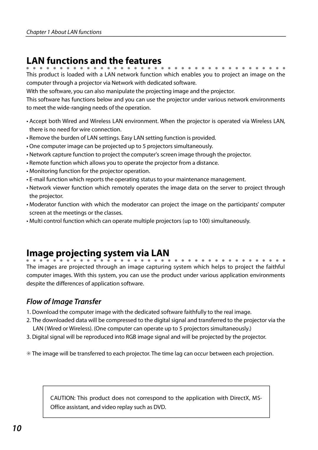 Sanyo PLCXL51 LAN functions and the features, Image projecting system via LAN, Flow of Image Transfer, About LAN functions 