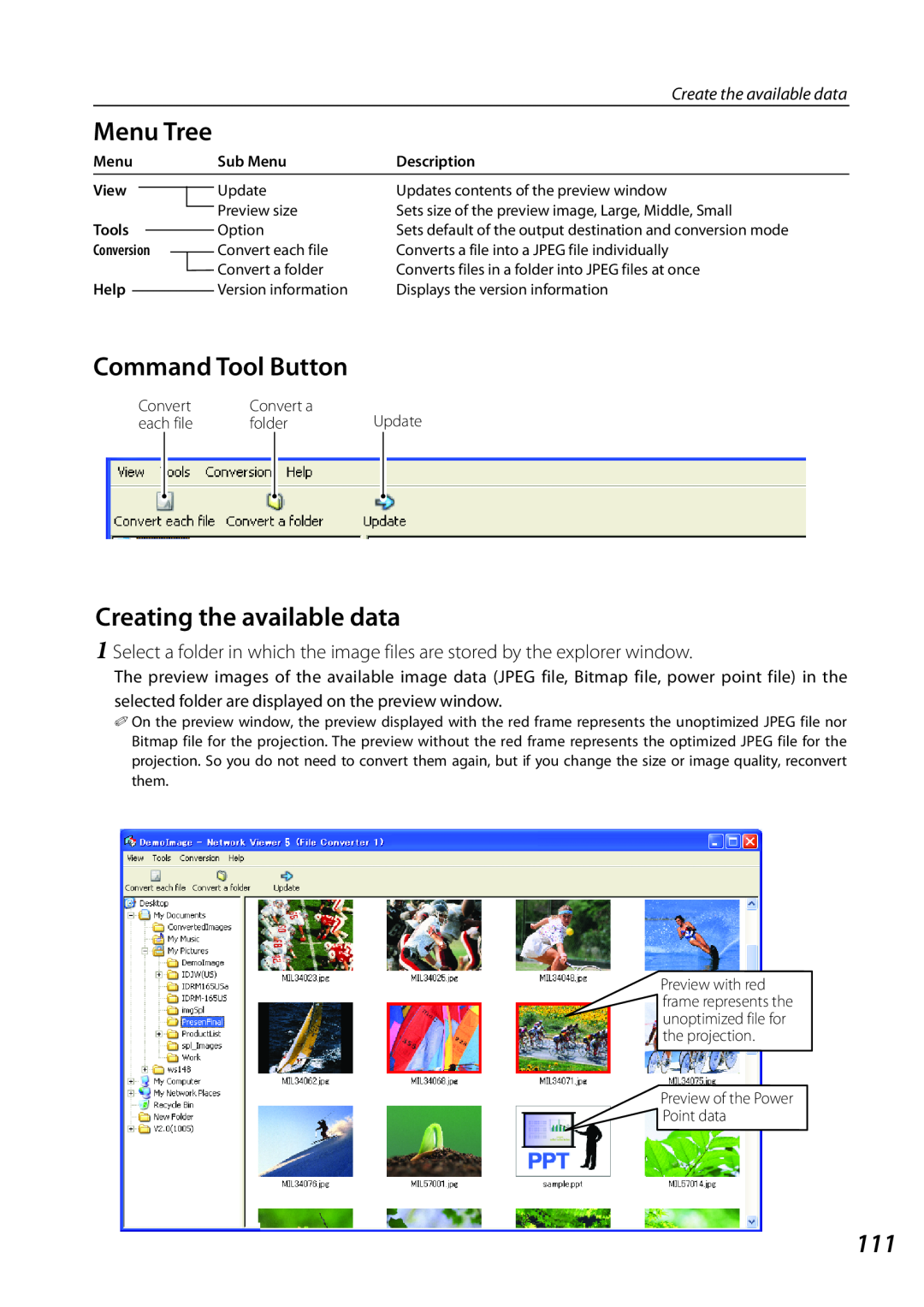 Sanyo PLCXL51 Creating the available data, Command Tool Button, Menu Tree, Sub Menu, Description, View, Tools, Help 