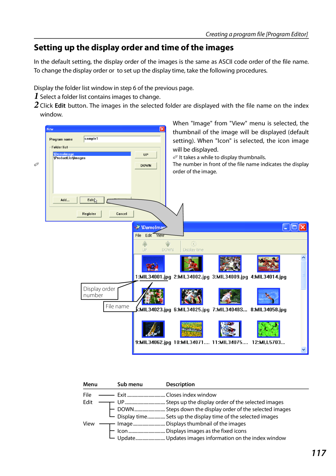 Sanyo PLCXL51 owner manual Creating a program file Program Editor, Select a folder list contains images to change 