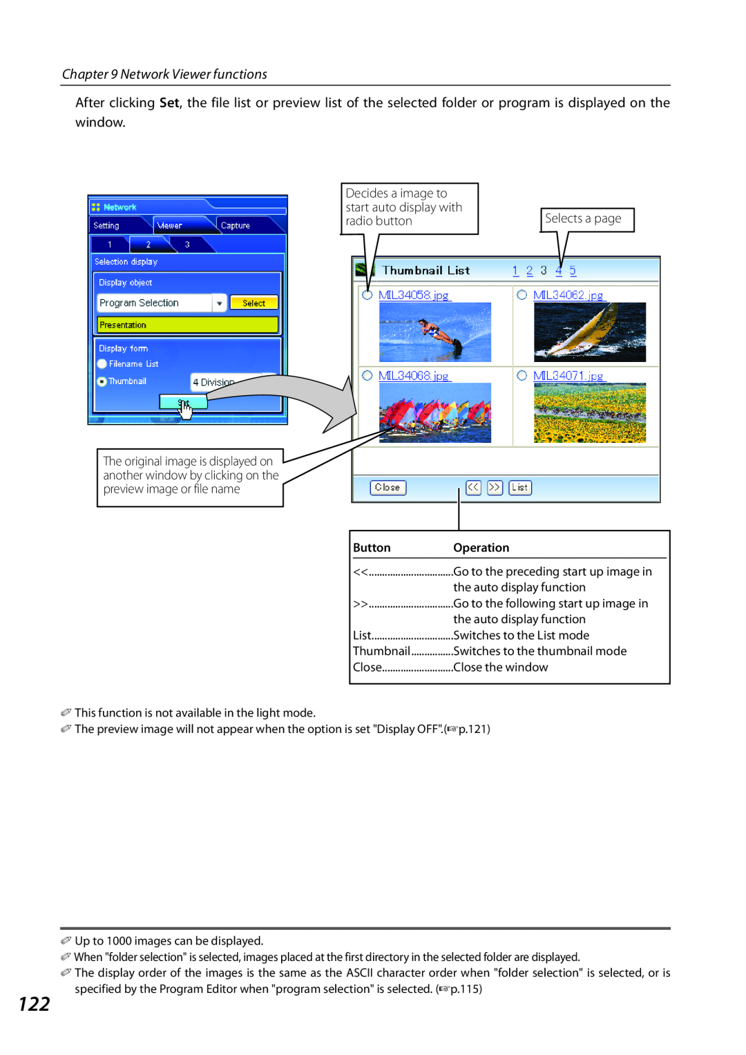 Sanyo PLCXL51 Network Viewer functions, Decides a image to, start auto display with, radio button, Button, Operation 