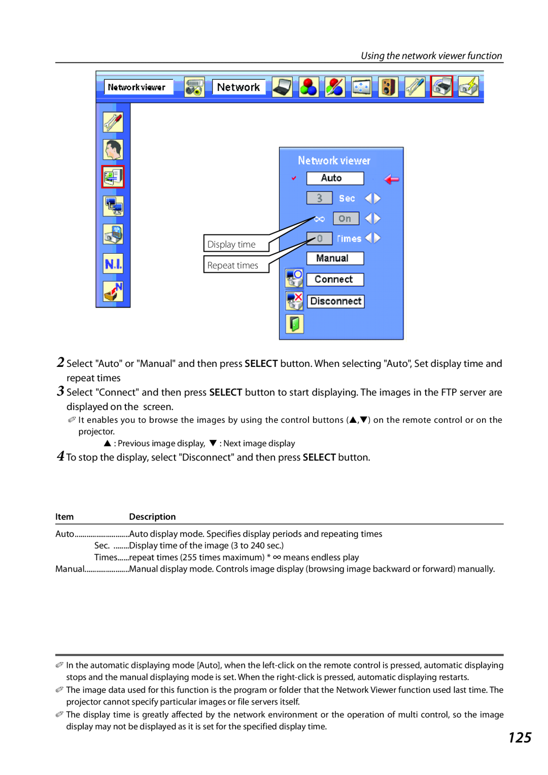 Sanyo PLCXL51 Using the network viewer function, Display time Repeat times, Display time of the image 3 to 240 sec, Times 