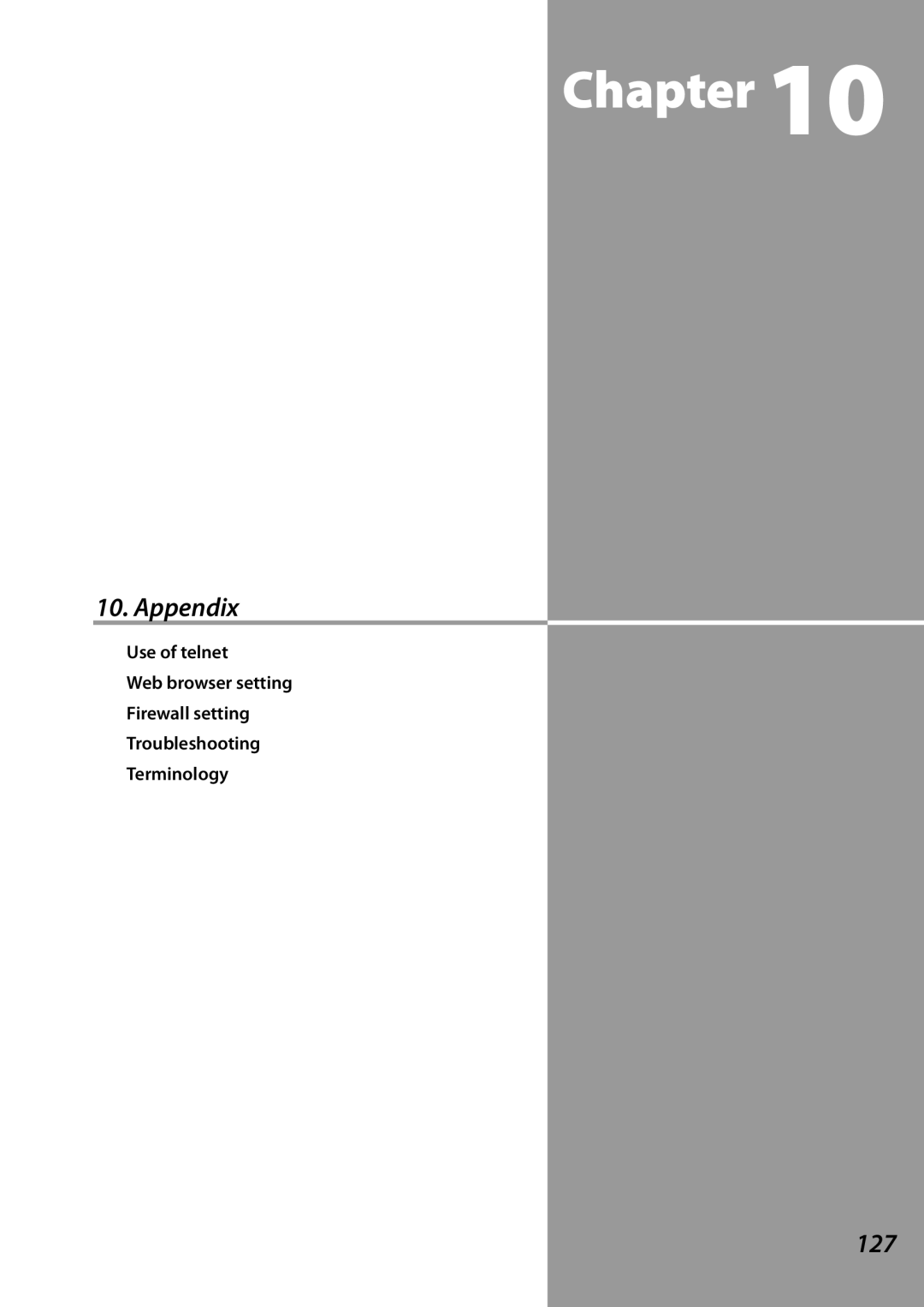 Sanyo PLCXL51 Appendix, Use of telnet Web browser setting, Firewall setting Troubleshooting Terminology, Chapter 