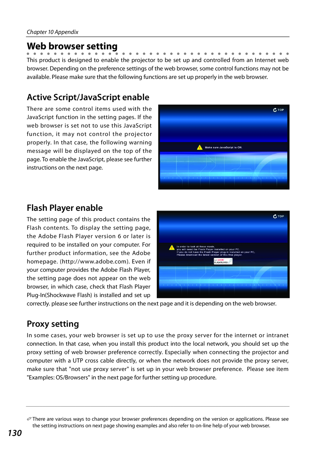 Sanyo PLCXL51 Web browser setting, Active Script/JavaScript enable, Flash Player enable, Proxy setting, Appendix 