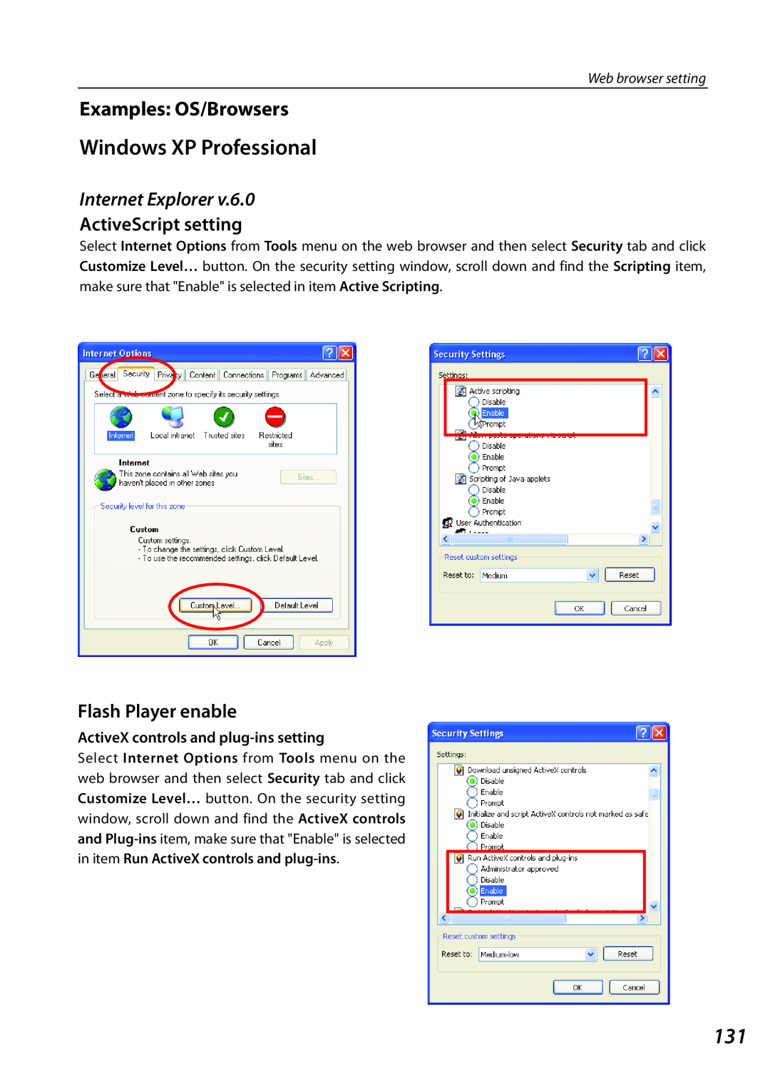 Sanyo PLCXL51 Windows XP Professional, Examples: OS/Browsers, Internet Explorer, ActiveScript setting, Flash Player enable 