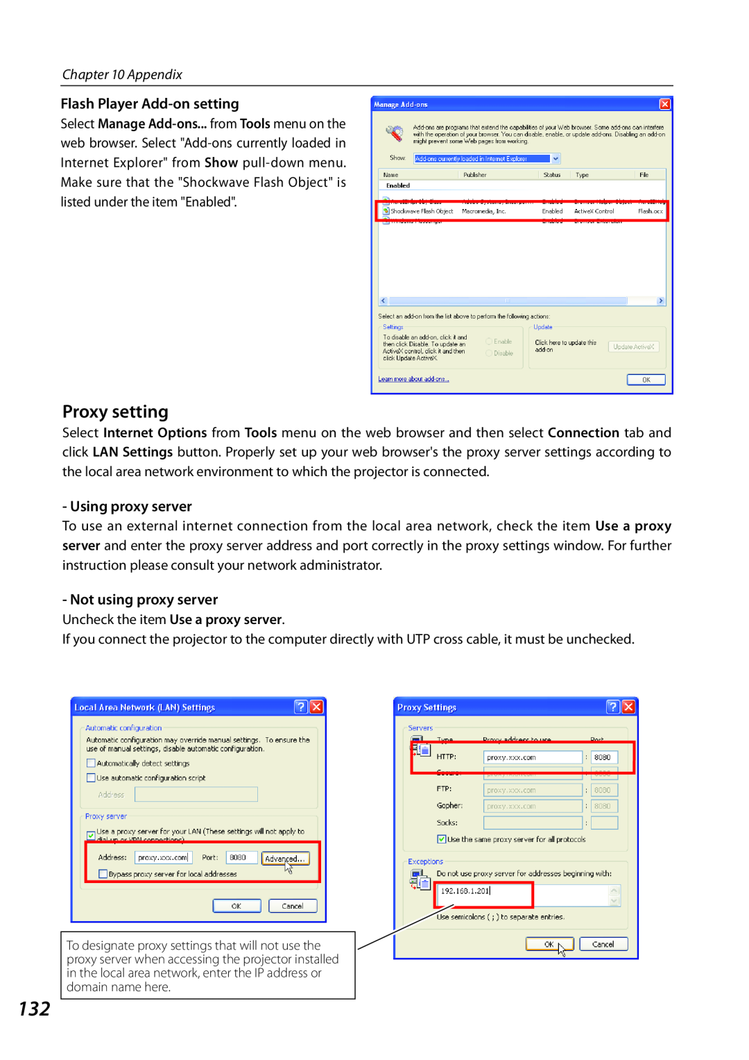 Sanyo PLCXL51 owner manual Proxy setting, Flash Player Add-onsetting, Using proxy server, Not using proxy server, Appendix 