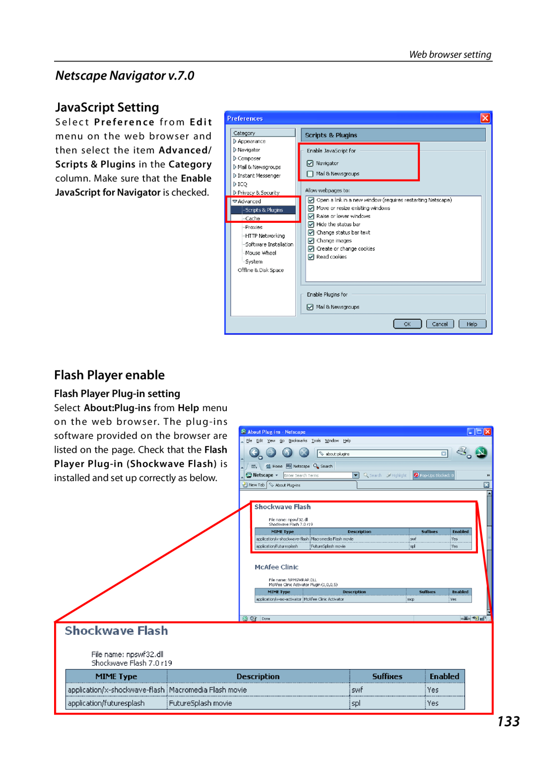 Sanyo PLCXL51 owner manual Netscape Navigator, JavaScript Setting, Flash Player Plug-insetting, Flash Player enable 