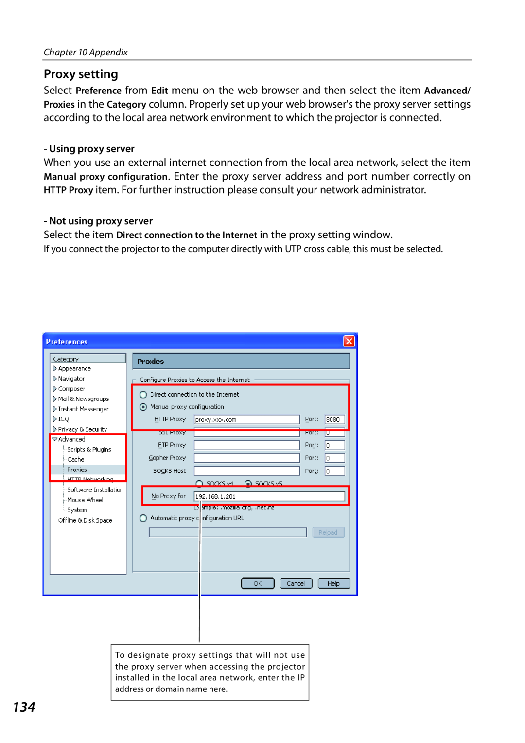 Sanyo PLCXL51 owner manual Proxy setting, Appendix, Using proxy server, Not using proxy server 