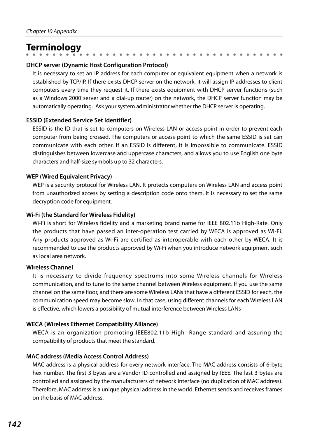 Sanyo PLCXL51 Terminology, DHCP server Dynamic Host Configuration Protocol, ESSID Extended Service Set Identifier 