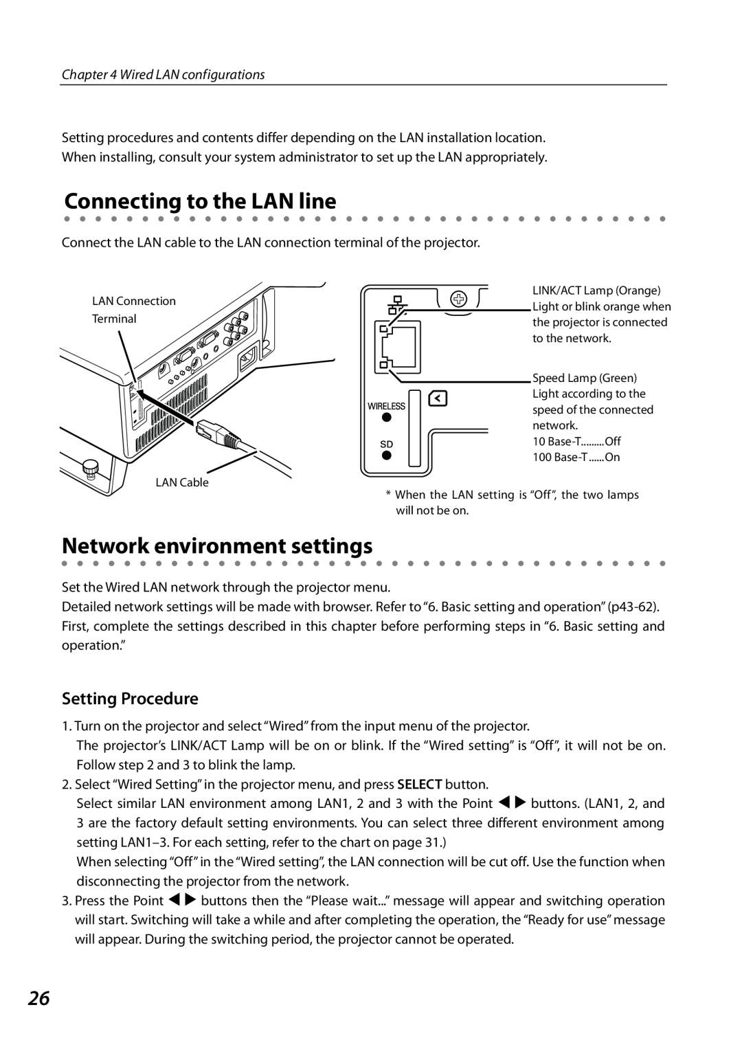 Sanyo PLCXL51 Connecting to the LAN line, Network environment settings, Setting Procedure, Wired LAN configurations 