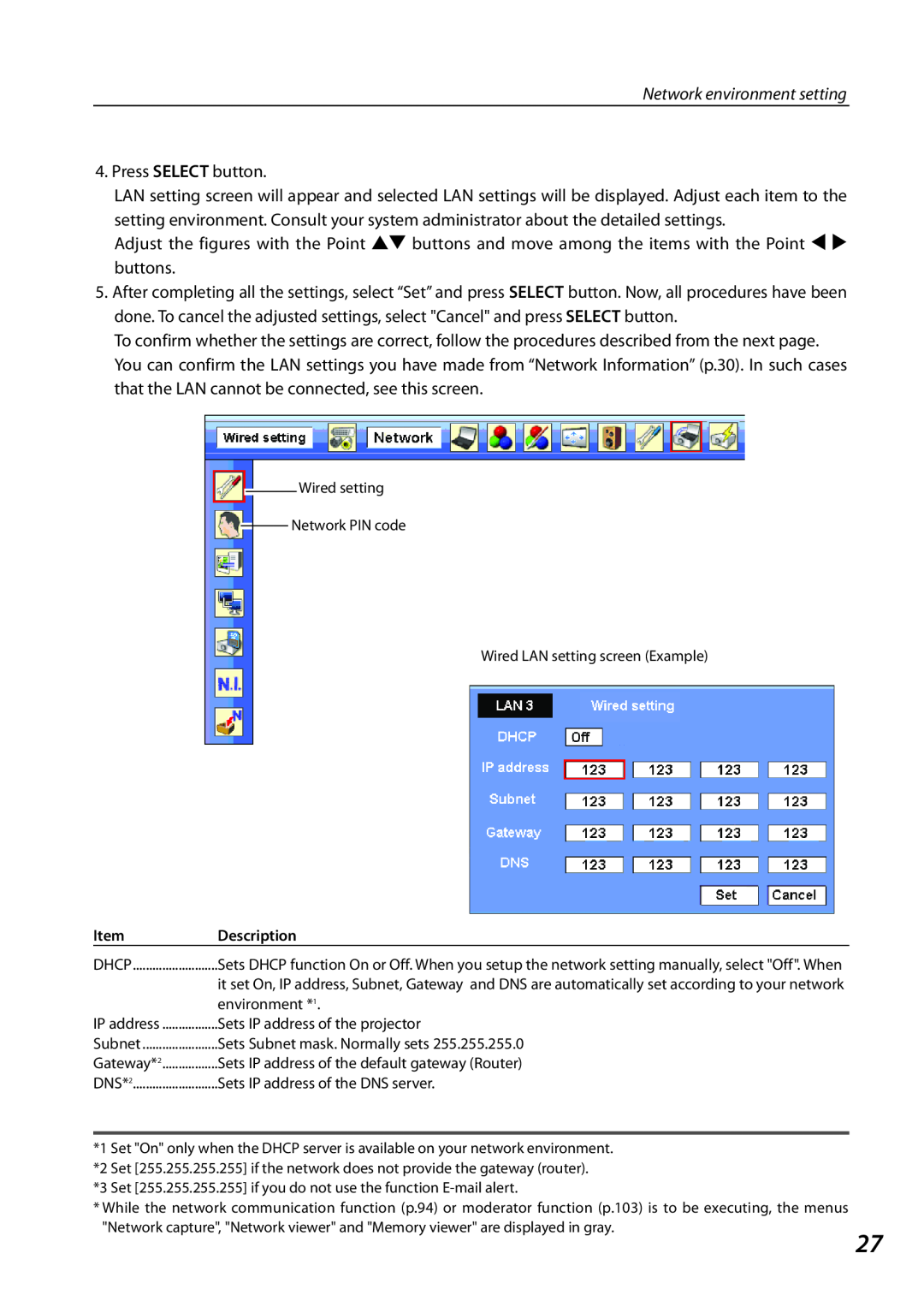 Sanyo PLCXL51 owner manual Network environment setting, Press SELECT button 