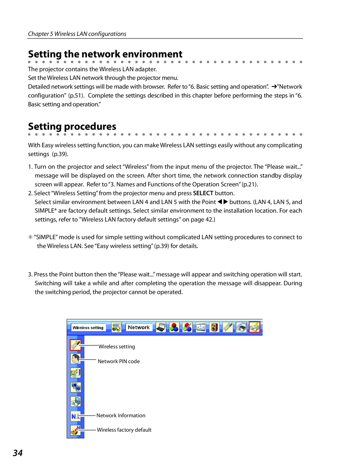 Sanyo PLCXL51 owner manual Setting the network environment, Setting procedures, Wireless LAN configurations 