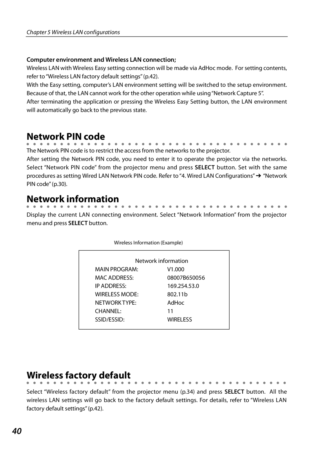 Sanyo PLCXL51 owner manual Wireless factory default, Computer environment and Wireless LAN connection, Network PIN code 