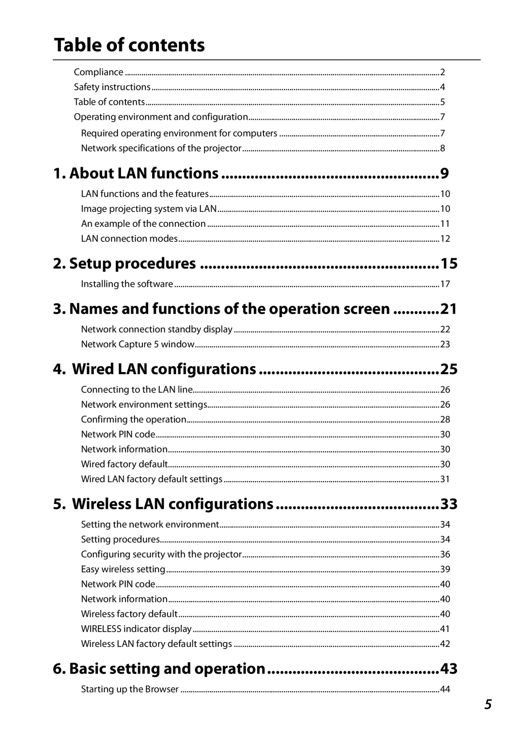 Sanyo PLCXL51 Table of contents, About LAN functions, Setup procedures, Names and functions of the operation screen 