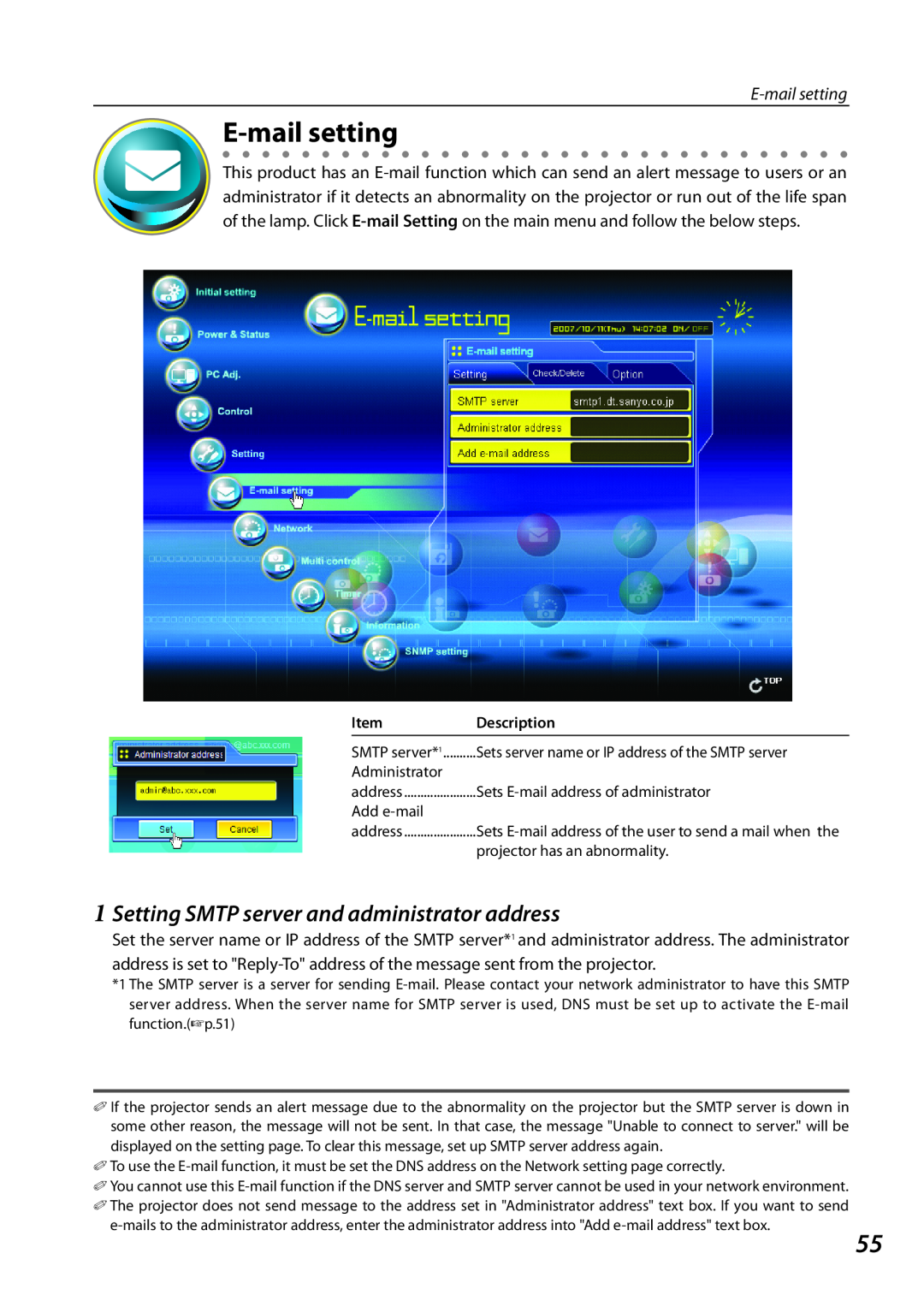 Sanyo PLCXL51 E-mailsetting, 1Setting SMTP server and administrator address, Item, Description, Administrator, Add e-mail 