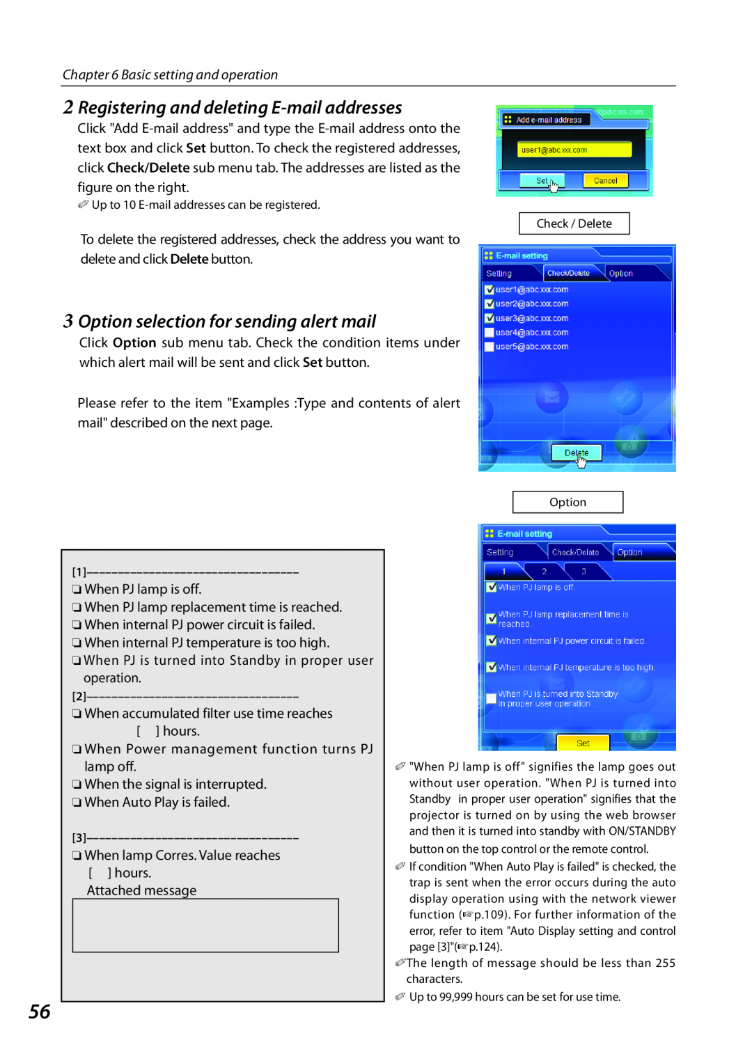 Sanyo PLCXL51 owner manual 2Registering and deleting E-mailaddresses, 3Option selection for sending alert mail 