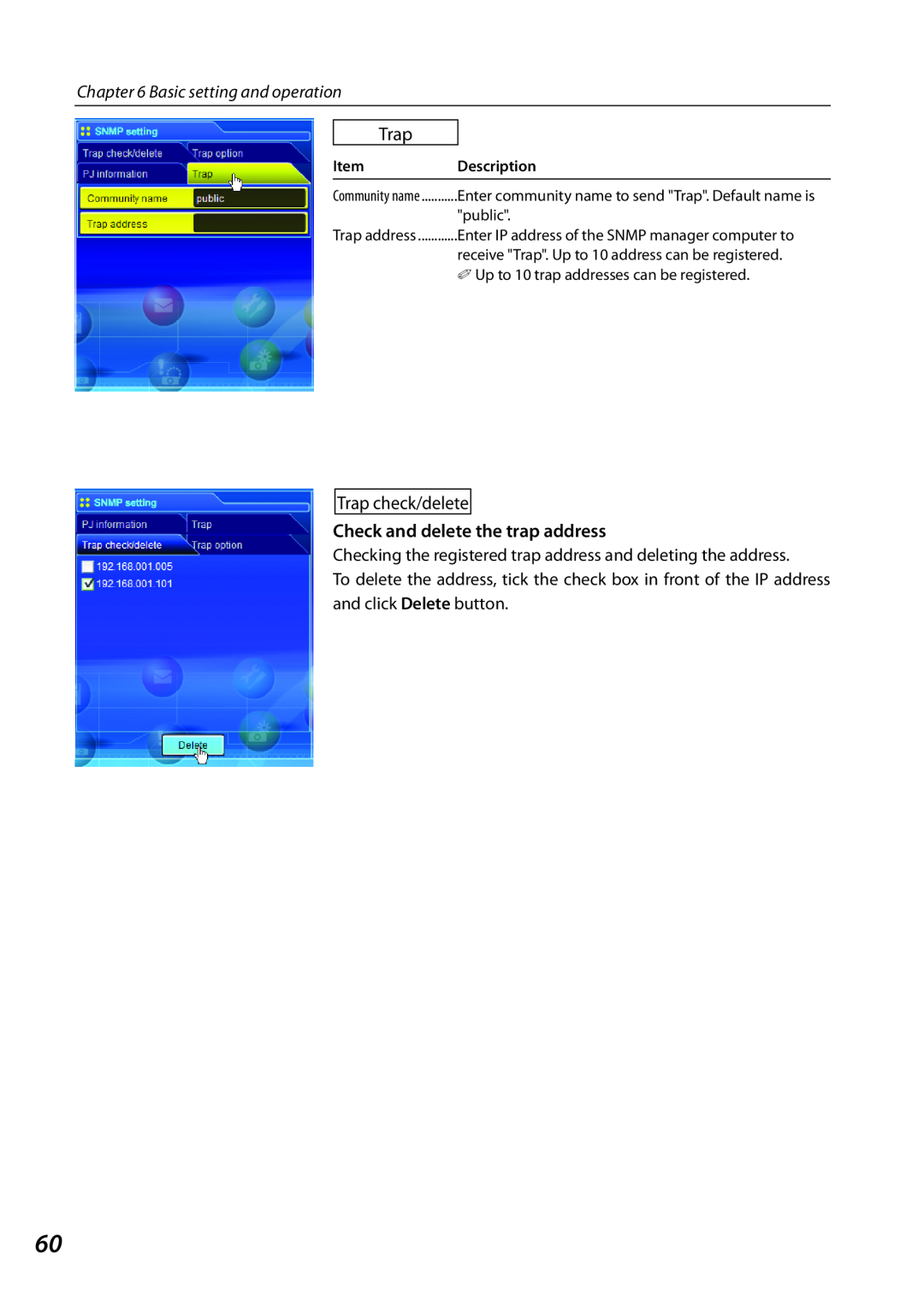 Sanyo PLCXL51 owner manual Check and delete the trap address, Basic setting and operation, Item, Description, public 