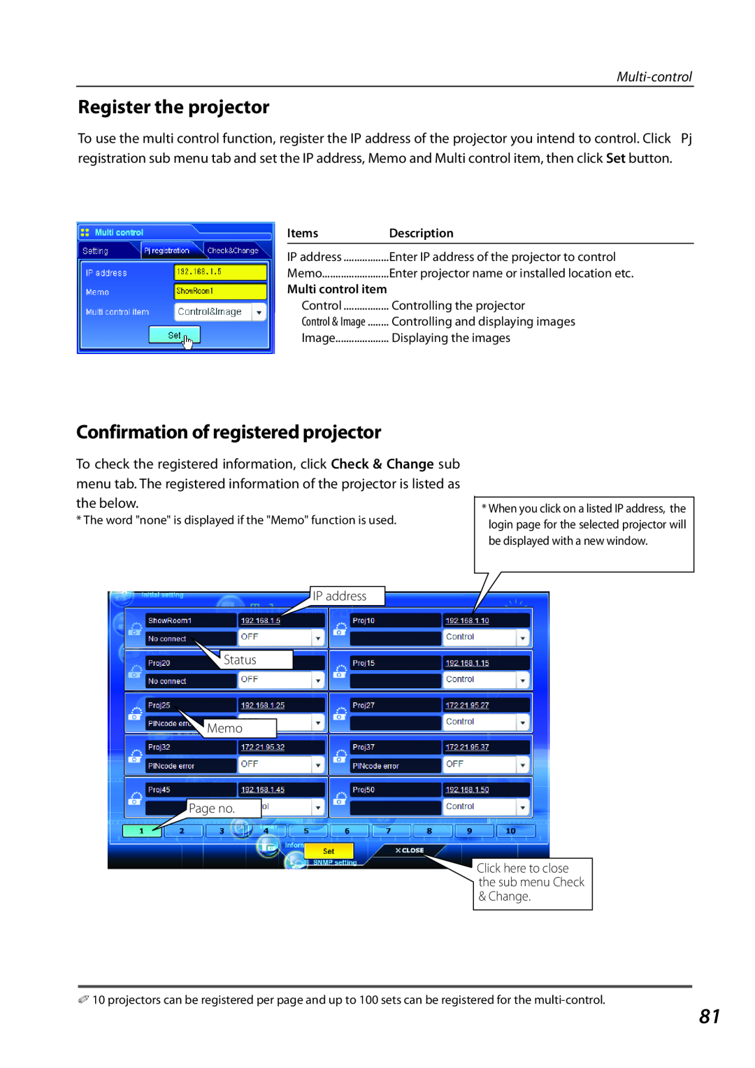 Sanyo PLCXL51 owner manual Register the projector, Confirmation of registered projector, Multi-control, Items, Description 