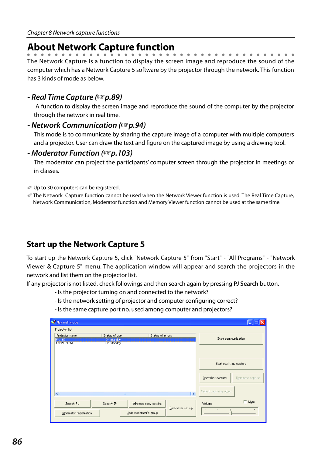 Sanyo PLCXL51 owner manual About Network Capture function, Start up the Network Capture, Real Time Capture +p.89 