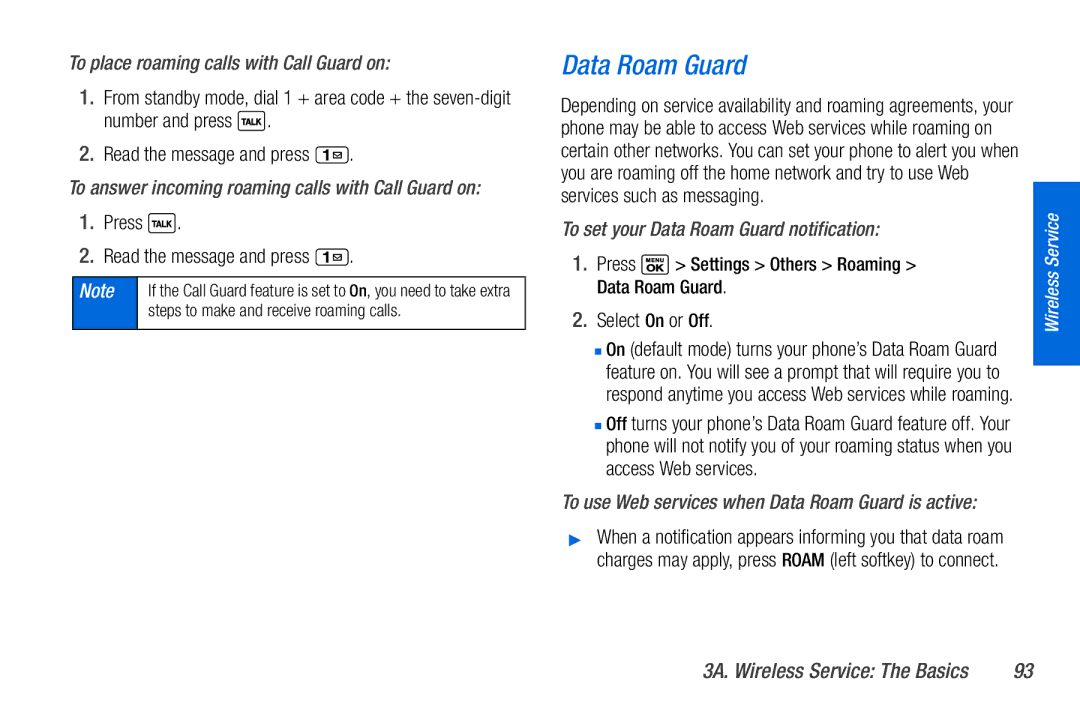 Sanyo PLS-3810 manual Data Roam Guard, To place roaming calls with Call Guard on, Press Read the message and press 