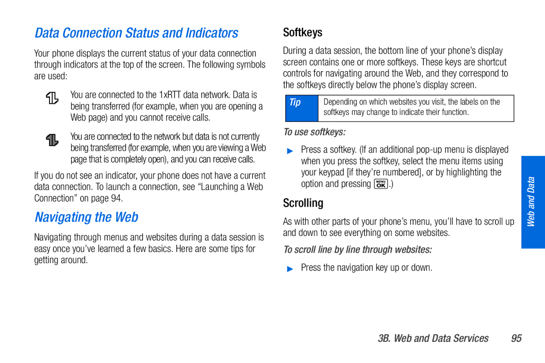 Sanyo PLS-3810 manual Data Connection Status and Indicators, Navigating the Web, Softkeys, Scrolling 