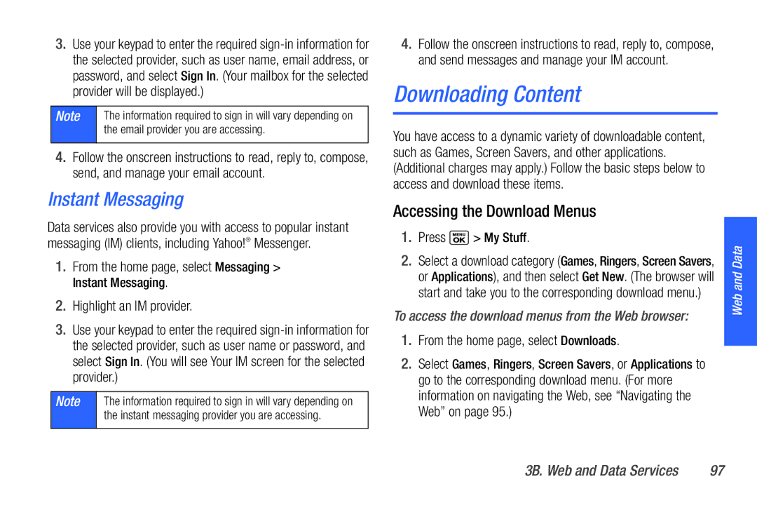 Sanyo PLS-3810 manual Downloading Content, Instant Messaging, Accessing the Download Menus, Highlight an IM provider 