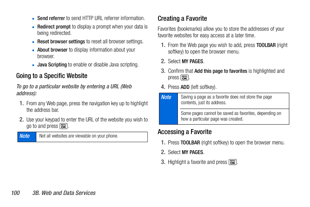 Sanyo PLS-3810 manual Going to a Specific Website, Creating a Favorite, Accessing a Favorite, 100 3B. Web and Data Services 