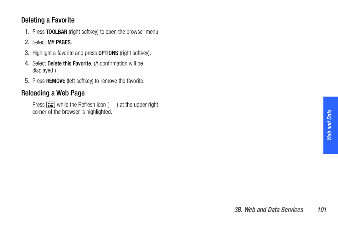 Sanyo PLS-3810 Deleting a Favorite, Reloading a Web, Press Remove left softkey to remove the favorite, At the upper right 