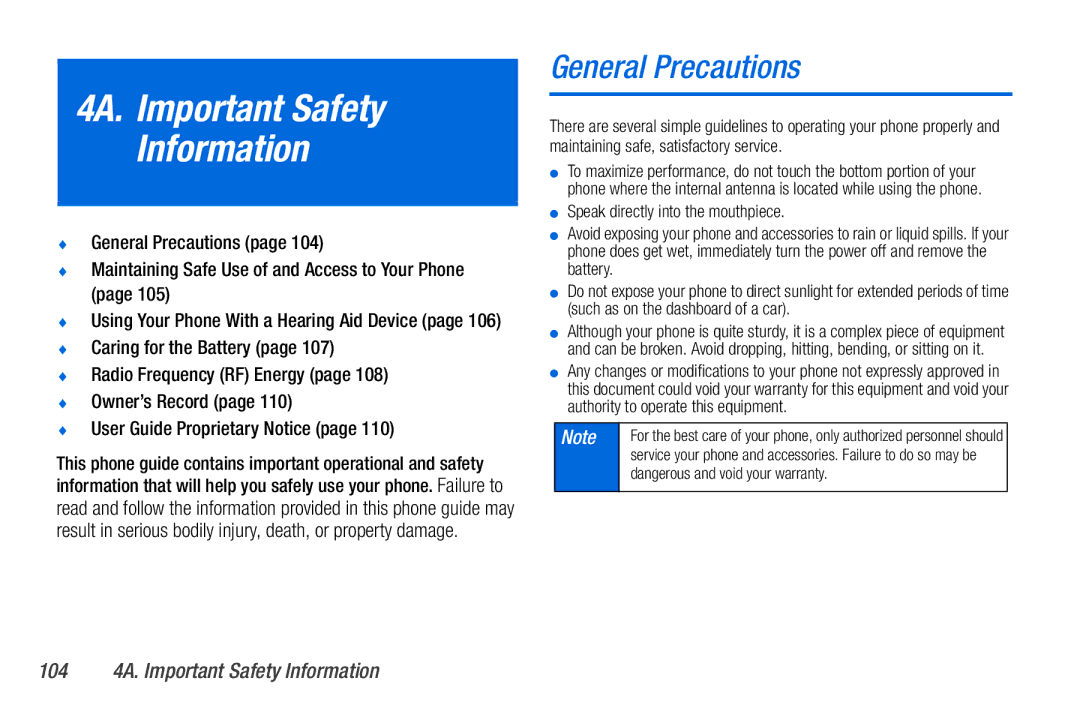 Sanyo PLS-3810 General Precautions, 104 4A. Important Safety Information,  Using Your Phone With a Hearing Aid Device 