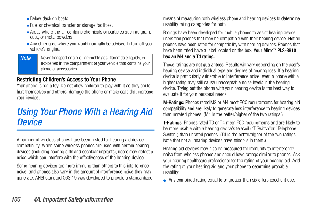 Sanyo PLS-3810 manual Using Your Phone With a Hearing Aid Device, Restricting Children’s Access to Your Phone 