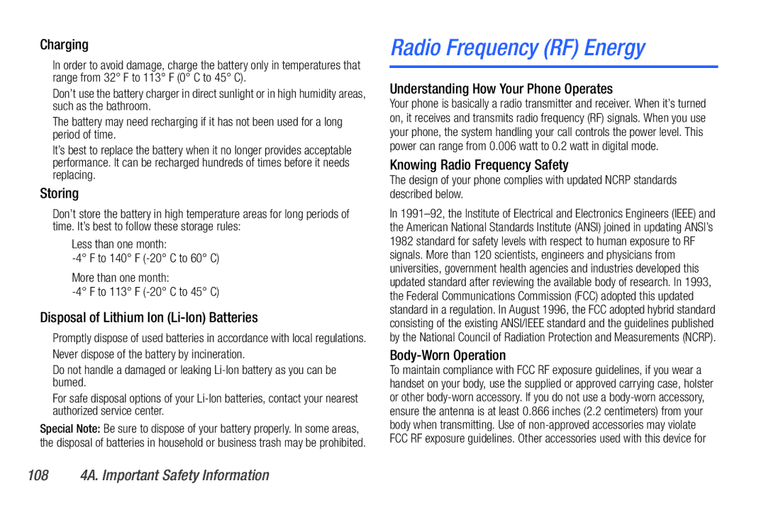 Sanyo PLS-3810 manual Radio Frequency RF Energy, 108 4A. Important Safety Information 