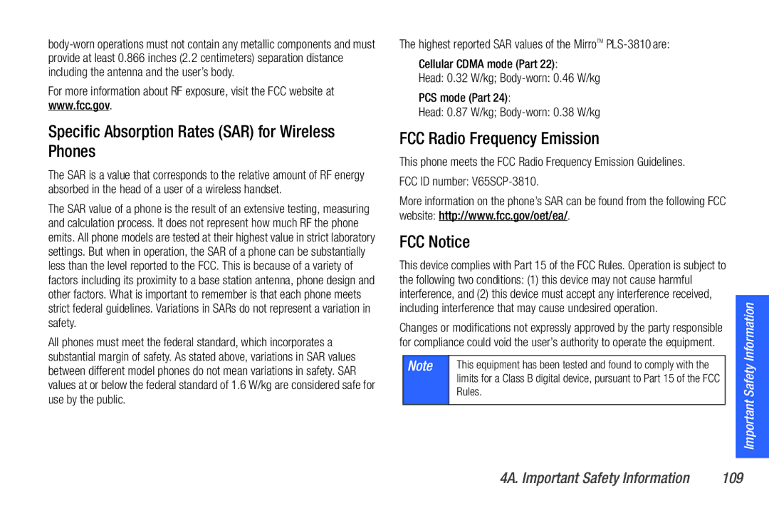 Sanyo PLS-3810 manual Specific Absorption Rates SAR for Wireless Phones, FCC Radio Frequency Emission, FCC Notice, 109 