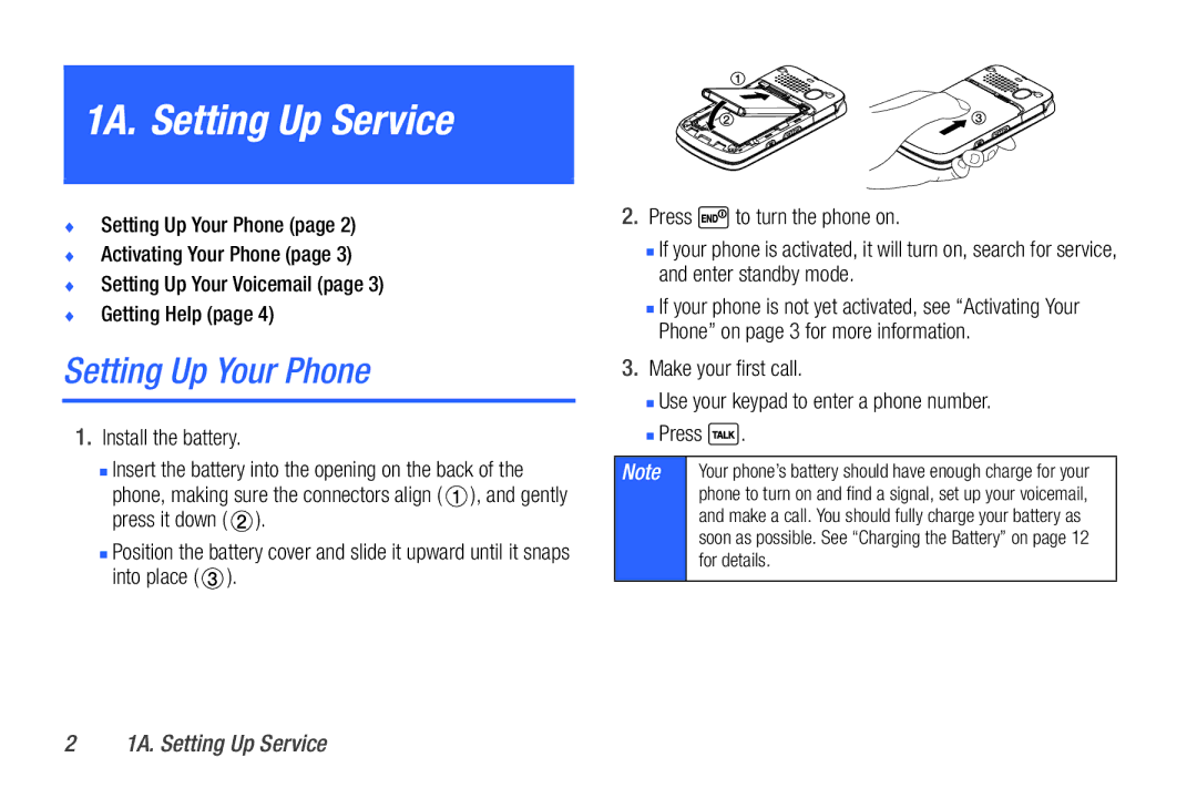 Sanyo PLS-3810 manual 1A. Setting Up Service, Setting Up Your Phone, Install the battery 