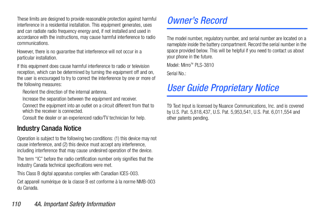 Sanyo PLS-3810 Owner’s Record, User Guide Proprietary Notice, Industry Canada Notice, 110 4A. Important Safety Information 