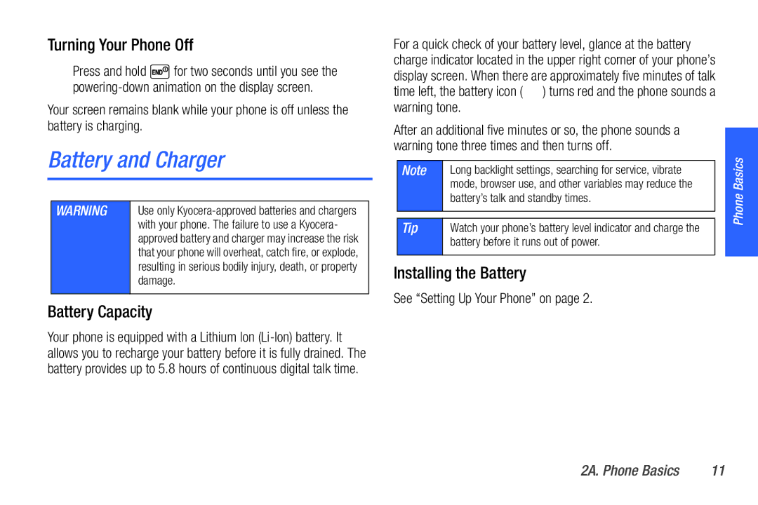 Sanyo PLS-3810 manual Battery and Charger, Turning Your Phone Off, Battery Capacity, Installing the Battery 