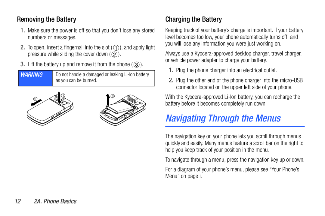 Sanyo PLS-3810 manual Navigating Through the Menus, Removing the Battery, Charging the Battery, 12 2A. Phone Basics 