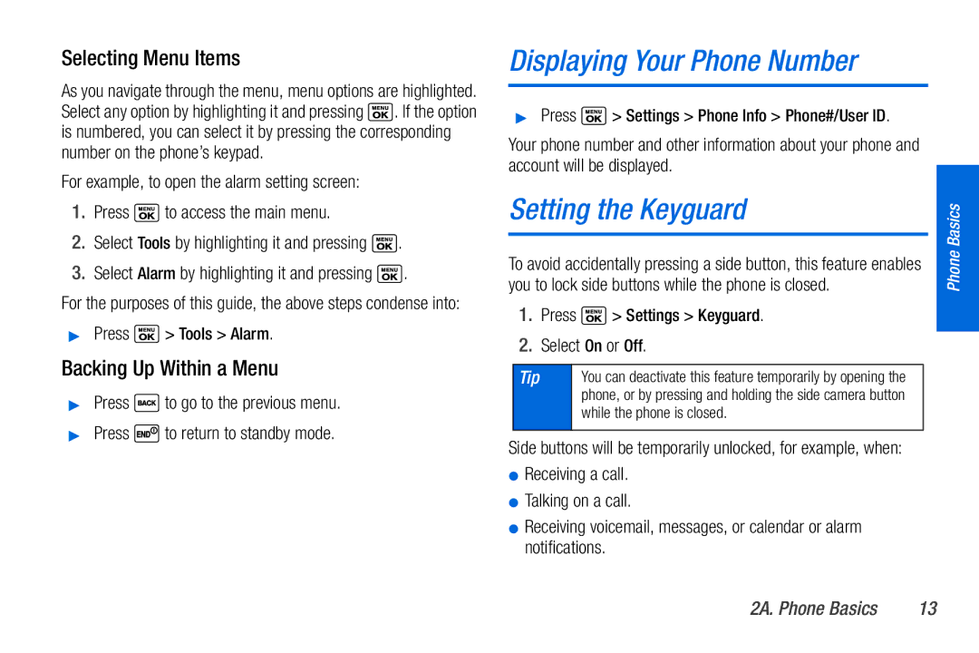 Sanyo PLS-3810 manual Displaying Your Phone Number, Setting the Keyguard, Selecting Menu Items, Backing Up Within a Menu 