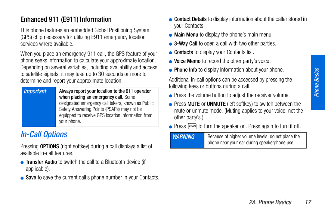 Sanyo PLS-3810 manual In-Call Options, Enhanced 911 E911 Information,  Phone Info to display information about your phone 