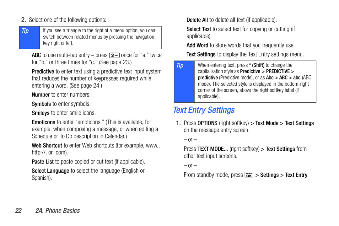 Sanyo PLS-3810 manual Text Entry Settings, Select one of the following options, 22 2A. Phone Basics 