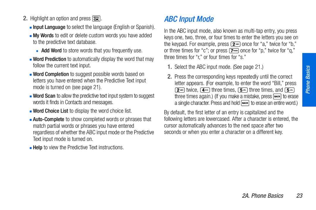 Sanyo PLS-3810 manual ABC Input Mode, Highlight an option and press,  Word Choice List to display the word choice list 