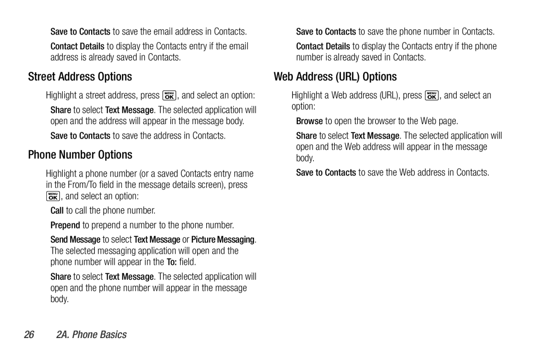 Sanyo PLS-3810 manual Street Address Options, Phone Number Options, Web Address URL Options, 26 2A. Phone Basics 