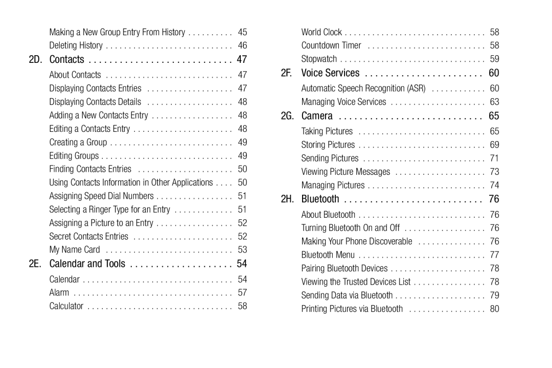 Sanyo PLS-3810 manual 2D. Contacts, 2E. Calendar and Tools, 2F. Voice Services, 2G. Camera, 2H. Bluetooth 