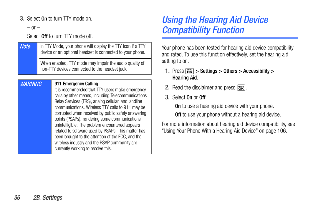 Sanyo PLS-3810 manual Using the Hearing Aid Device Compatibility Function, 36 2B. Settings, Emergency Calling 