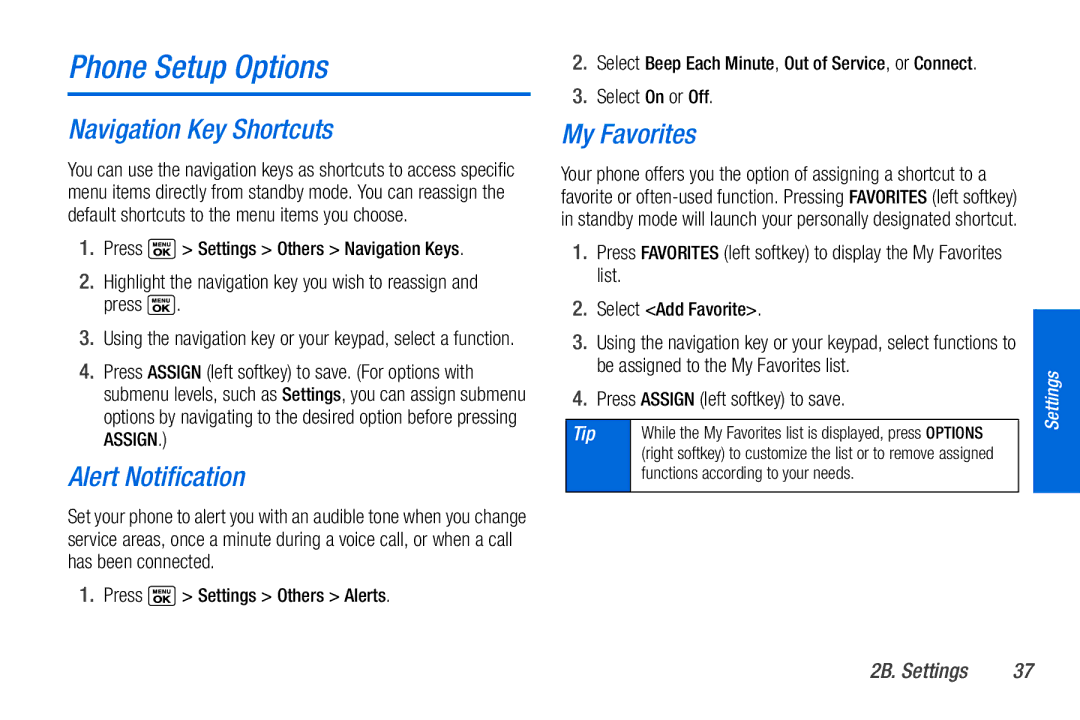 Sanyo PLS-3810 manual Phone Setup Options, Navigation Key Shortcuts, Alert Notification, My Favorites 