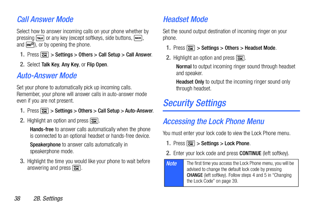 Sanyo PLS-3810 manual Security Settings, Call Answer Mode, Auto-Answer Mode, Headset Mode, Accessing the Lock Phone Menu 