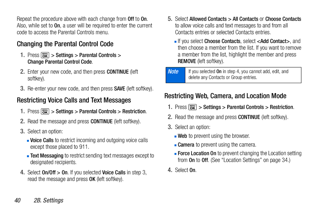 Sanyo PLS-3810 manual Changing the Parental Control Code, Restricting Voice Calls and Text Messages, 40 2B. Settings 